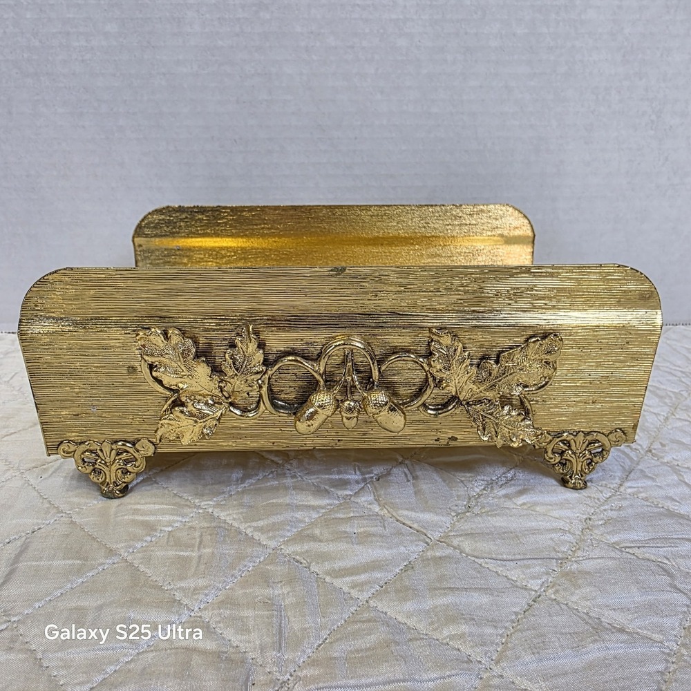 Vintage Hollywood Regency Gold Leaves Acorns Tissue Napkin Mail Holder Victorian